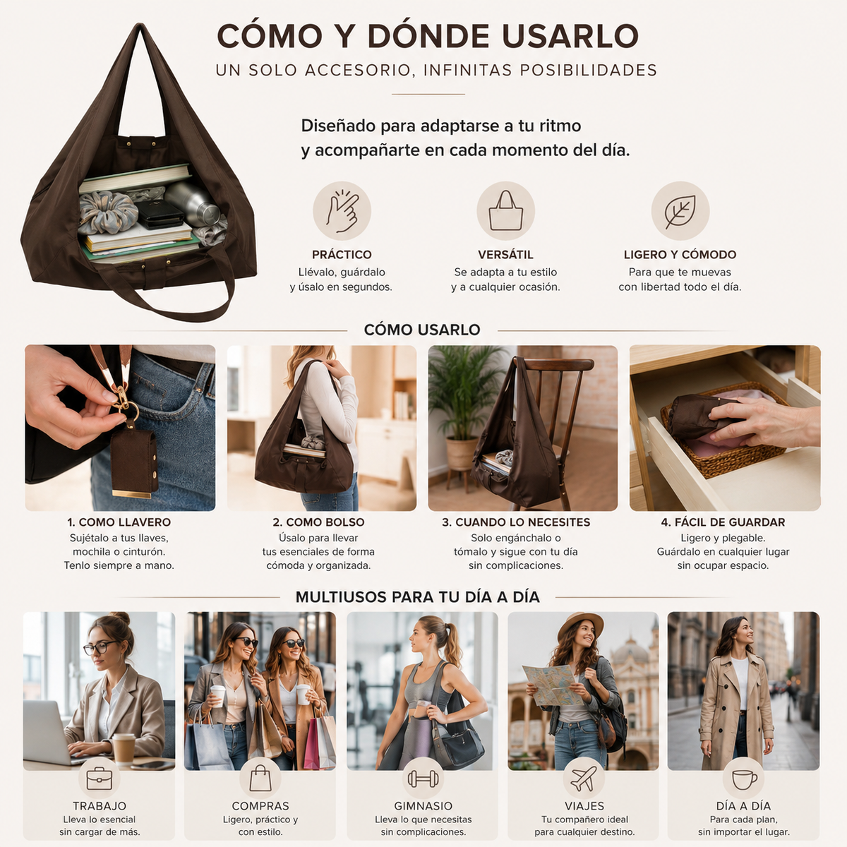 Bolso de mano con llavero expandible
